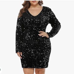 In’Voland Black Sequin V Neck Party Cocktail Sparkle Glitter Stretchy Dress